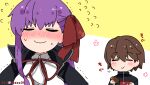  1boy 1girl :&gt; :d ^^^ artist_name bangs bb_(fate) bb_(fate/extra) blush bow brown_hair chocolate closed_eyes closed_mouth commentary_request eating fate/extra fate/extra_ccc fate_(series) food hair_bow high_collar holding holding_food kishinami_hakuno_(male) long_hair long_sleeves mzoo39 open_mouth purple_hair shirt smile sweat teeth trembling tsukumihara_academy_uniform_(fate/extra_ccc) twitter_username white_shirt 