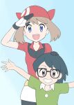  1boy 1girl :d bandana bangs bike_shorts_under_skirt black_hair blue_background blue_eyes brother_and_sister brown_hair commentary_request eyebrows_visible_through_hair eyelashes glasses gloves grin hand_on_another&#039;s_head looking_at_viewer max_(pokemon) may_(pokemon) medium_hair mei_(maysroom) open_mouth outstretched_arms pokemon pokemon_(anime) pokemon_rse_(anime) red_bandana red_shirt shirt short_sleeves siblings skirt smile teeth tongue upper_teeth white_skirt yellow_bag 