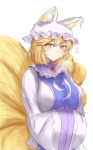  1girl absurdres animal_ears bangs blonde_hair blue_tabard blush breasts closed_mouth commentary_request dress expressionless eyebrows_visible_through_hair fox_ears fox_tail hair_between_eyes hands_in_opposite_sleeves hat highres kitsune kyuubi large_breasts long_sleeves looking_to_the_side multiple_tails ofuda pillow_hat short_hair simple_background solo standing tabard tail tassel touhou upper_body wang_jian_guo white_background white_dress yakumo_ran yellow_eyes 