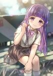  1girl absurdres adjusting_hair ankle_socks bench blue_hair blush bow eyebrows_visible_through_hair furude_rika highres higurashi_no_naku_koro_ni long_hair looking_at_viewer nyan5000 pink_bow purple_eyes shirt short_sleeves sidelocks sitting skirt smile socks solo straight_hair suspenders white_legwear white_shirt 