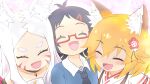  3girls :d animal_ear_fluff animal_ears bangs black_hair black_necktie blonde_hair blue_shirt blush closed_eyes cookie_(touhou) crossover fang fox_ears hair_ornament hairclip khn_(kihana) long_hair multiple_girls necktie open_mouth parted_bangs rectangular_eyewear red-framed_eyewear riina_(cookie) semi-rimless_eyewear senko_(sewayaki_kitsune_no_senko-san) sewayaki_kitsune_no_senko-san shiro_(sewayaki_kitsune_no_senko-san) shirt short_hair smile textless thick_eyebrows under-rim_eyewear upper_body white_hair 