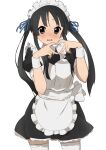  1girl absurdres akiyama_mio alternate_costume alternate_hairstyle apron bangs black_dress black_eyes black_hair blue_ribbon blush collar commentary_request dress embarrassed enmaided frilled_apron frills hair_ribbon heart heart_hands highres hime_cut k-on! kicchi_(tmgk) long_hair looking_at_viewer maid maid_headdress official_alternate_costume open_mouth puffy_short_sleeves puffy_sleeves ribbon short_sleeves simple_background solo thighhighs twintails white_apron white_background white_collar white_legwear white_wristband wristband zettai_ryouiki 
