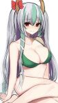  .me 1girl alternate_costume bangs bare_arms bare_shoulders bikini blush bow breasts cleavage collarbone ex-keine eyebrows_visible_through_hair feet_out_of_frame green_hair hair_between_eyes horns kamishirasawa_keine large_breasts long_hair looking_at_viewer multicolored_hair red_eyes silver_hair simple_background sitting smile solo swimsuit touhou very_long_hair white_background 
