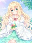  1girl bangs blonde_hair blue_sky blurry blurry_background blush bow braid closed_mouth cloud collarbone commission crown_braid day depth_of_field dress eyebrows_visible_through_hair flower green_dress green_eyes hagino_kouta hair_between_eyes hair_flower hair_ornament head_tilt holding holding_flower jacket juliet_sleeves long_hair long_sleeves looking_at_viewer original outdoors pink_flower pointy_ears puffy_sleeves red_bow skeb_commission sky smile solo twitter_username very_long_hair white_flower white_jacket wide_sleeves yellow_flower 