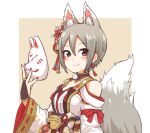  1girl animal_ears bell closed_mouth earrings flower fox_mask grey_eyes grey_hair hair_flower hair_ornament hemoglosso holding idolmaster idolmaster_cinderella_girls japanese_clothes jewelry jingle_bell looking_at_viewer makeup mask mask_removed sash shiomi_syuko smile solo tail upper_body 