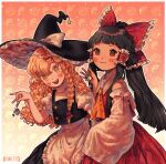  2girls apron artist_name ascot bangs bare_shoulders black_hair black_headwear black_skirt black_vest blush bow braid buttons closed_mouth collared_dress colored_eyelashes curly_hair detached_sleeves dress eyebrows_visible_through_hair eyelashes frills gradient gradient_background grey_bow hair_bow hair_ornament hair_tubes hakurei_reimu hand_up hat hat_bow highres jewelry k0nfette kirisame_marisa long_hair long_sleeves looking_at_viewer mini-hakkero multiple_girls open_mouth orange_ascot orange_hair pink_background ponytail puffy_short_sleeves puffy_sleeves red_bow red_dress red_eyes red_ribbon ribbon shirt short_sleeves single_braid skirt smile standing star_(symbol) starry_background teeth tongue touhou vest white_apron white_shirt wide_sleeves witch_hat yellow_background yellow_eyes yin_yang 
