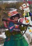  1girl absurdres alpaca animal bangs belt blurry blurry_background brown_hair closed_mouth dress gloves grass green_gloves green_skirt grenade_launcher hat highres holding holding_weapon long_sleeves looking_at_viewer medium_hair orange_eyes original outdoors polilla rocket_launcher rpg skirt solo standing weapon 