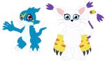  absurd_res anthro bandai_namco blue_body blue_eyes blue_scales darkbolt digimon digimon_(species) domestic_cat duo felid feline felis female fur gatomon hi_res male mammal red_eyes scales scalie v_mon veemon white_body white_fur 