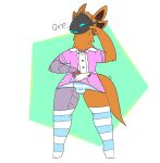  anthro bulge canid canine clothed clothing fox fur hair hi_res humor legwear machine maid_uniform male mammal metal phant0mhat protogen simple_background smile solo thigh_highs tight_clothing underwear uniform 