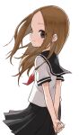  1girl absurdres arms_behind_back bangs black_sailor_collar black_skirt brown_eyes brown_hair closed_mouth commentary_request forehead from_behind highres karakai_jouzu_no_takagi-san long_hair neckerchief official_art parted_bangs pleated_skirt red_neckerchief sailor_collar school_uniform serafuku shirt short_sleeves simple_background skirt smile solo takagi-san white_background white_shirt yamamoto_souichirou 