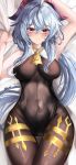  1girl absurdres ahoge armpits artist_name ass_visible_through_thighs bangs bare_arms bed_sheet bell black_legwear black_leotard blue_hair blush bodystocking bodysuit breasts cameltoe covered_navel crotch eyebrows_visible_through_hair ganyu_(genshin_impact) genshin_impact groin highres horns leotard leotard_under_clothes long_hair looking_at_viewer lying medium_breasts navel neck_bell on_back purple_eyes sheet_grab sidelocks signature sleeveless smile solo teca_(ryeol) thigh_gap thighlet thighs 