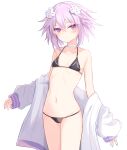 1girl bikini blush breasts choker d-pad d-pad_hair_ornament food hair_between_eyes hair_ornament navel neptune_(neptune_series) neptune_(series) pudding purple_eyes purple_hair ray_726 short_hair simple_background small_breasts smile solo swimsuit white_background 
