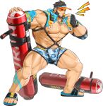  1boy abs bara beard biceps black_eyes black_hair bulge buzz_cut communicator duran_(gyee) facial_hair frown gloves gomtang gyee harness hat highres large_pectorals life_vest lifeguard looking_to_the_side male_focus mature_male muscular muscular_male nipples official_art pectorals sandals short_hair shorts solo tattoo thick_arms thick_thighs thighs tonfa topless topless_male veins veiny_arms very_short_hair visor_cap walkie-talkie watch weapon whistle whistle_around_neck whistling 