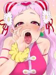  1girl absurdres bare_shoulders blush cure_yell earrings fellatio_gesture flower gradient hair_flower hair_ornament hair_ribbon highres hugtto!_precure jewelry long_hair looking_at_viewer musasi1218 open_mouth oral_invitation pink_hair pink_ribbon precure red_ribbon ribbon saliva solo tongue tongue_out uvula 