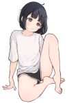  1girl 1ssakawaguchi 3: absurdres ahoge arm_support bangs bare_legs barefoot black_hair black_shorts blue_eyes blunt_bangs blunt_ends blush bob_cut closed_mouth collarbone dot_nose eyebrows_visible_through_hair full_body head_tilt heel_up highres knee_up legs looking_away on_ground original shirt short_hair short_shorts short_sleeves shorts simple_background sitting solo split_mouth straight_hair t-shirt tareme thighs tiptoes toes white_background white_shirt 