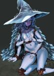  1girl asanagi bangs bare_shoulders barefoot bikini blue_eyes blue_hair blue_skin blush breasts cloak collarbone colored_skin commentary_request crack cracked_skin doll_joints elden_ring extra_arms extra_faces fingernails fur_cloak glowing_tattoo hat highres joints large_hat looking_at_viewer medium_hair micro_bikini navel on_floor own_hands_together ranni_the_witch rope smile solo string_bikini swimsuit thighs white_bikini witch witch_hat 