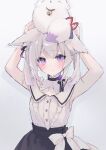  1girl :3 animal_ears animal_on_head black_skirt blush braid fang flower fox fox_tail grey_background hair_ornament hands_on_own_head highres indie_virtual_youtuber looking_at_viewer mia_mya necktie on_head purple_eyes ribbon shirt simple_background skirt solo suzumori_uina tail white_hair white_ribbon white_shirt 