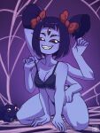  accessory anthro arachnid arthropod bra breasts cleavage clothed clothing deathzera fangs female grin hair_accessory hair_bow hair_ribbon hi_res kneeling lingerie looking_at_viewer muffet multi_arm multi_eye multi_limb panties ribbons smile solo spider twintails_(hairstyle) undertale undertale_(series) underwear video_games 