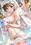  1girl absurdres bangs bare_shoulders blush breasts bridal_veil closed_mouth dress dutch_angle flower flower_request highres light_smile looking_at_viewer ogata_tei original purple_eyes see-through short_hair sideboob solo veil wedding_dress white_dress 