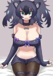  1girl absurdres animal_ear_fluff animal_ears bandeau bangs bare_shoulders black_gloves black_hair black_legwear black_shorts bone_necklace breasts cerberus_(kemono_friends) cleavage collar collarbone dog_ears elbow_gloves facial_mark fingerless_gloves gloves green_eyes groin hair_between_eyes highres kemono_friends large_breasts legwear_under_shorts long_hair looking_at_viewer midriff nail_polish navel pantyhose purple_nails shorts sitting solo spiked_collar spikes teeth thigh_strap twintails zuchi00 
