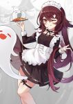  1girl ;p absurdres amiemie117 apron black_dress brown_hair closed_eyes dress frills genshin_impact ghost highres hu_tao_(genshin_impact) licking_lips long_hair long_sleeves looking_at_viewer maid maid_apron maid_headdress one_eye_closed open_mouth plate red_eyes smile symbol-shaped_pupils tongue tongue_out 