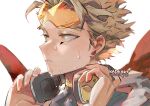  1boy blonde_hair boku_no_hero_academia brown_jacket costume ear_piercing earrings eyewear_on_head face facial_hair facial_mark feathered_wings from_side fur-trimmed_jacket fur_trim goatee hawks_(boku_no_hero_academia) headphones headphones_around_neck holding holding_headphones jacket jewelry kadeart long_eyebrows looking_afar looking_ahead male_focus parted_lips piercing portrait red_feathers red_wings rimless_eyewear shirt short_hair simple_background skin_tight solo stubble stud_earrings sweat sweatdrop sweating_profusely tight tight_shirt tinted_eyewear twitter_username white_background wings yellow_eyes 