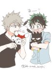  2boys bakugou_katsuki black_shirt blonde_hair blue_shirt blush boku_no_hero_academia freckles green_eyes green_hair highres holding holding_stuffed_toy looking_at_another looking_at_object male_focus midoriya_izuku multiple_boys open_mouth red_eyes shirt simple_background spiked_hair stuffed_toy sweatdrop t-shirt twitter_username ume_(326310) v-shaped_eyebrows white_background 