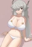 1girl absurdres adapted_costume animal_ears bangs bare_arms bare_shoulders bikini breasts brown_eyes cleavage grey_hair hair_over_one_eye highres horns huge_breasts kemono_friends light_blush long_hair navel one_eye_covered simple_background smile solo swimsuit very_long_hair white_bikini yak_(kemono_friends) zuchi00 