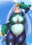  1girl :d absurdres ass_visible_through_thighs blue_bodysuit blue_eyes blue_hair blue_sky bodysuit boku_no_hero_academia breasts cloud cloudy_sky covered_navel gloves hadou_nejire hair_horns heart heart-shaped_pupils heavy_breathing highres huge_breasts long_hair open_mouth pregnant pussy_juice pussy_juice_drip_through_clothes salute sky smile source_request straight_hair symbol-shaped_pupils very_long_hair yamaori yellow_gloves 