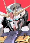  blue_eyes glowing glowing_eyes gundam gundam_walpurgis kuramochi_kyouryuu looking_down mecha mobile_suit no_humans over.on portrait red_background science_fiction solo twitter_username v-fin 