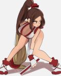  1girl bangs bent_over blush breasts brown_eyes brown_hair cleavage fatal_fury hand_fan highres holding holding_fan large_breasts long_hair looking_to_the_side onionsketch parted_bangs shiranui_mai sketch solo the_king_of_fighters v-shaped_eyebrows very_long_hair white_footwear 