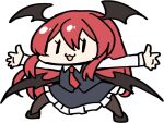 1girl :3 bangs black_skirt black_vest collared_shirt commentary_request demon_wings eyebrows_visible_through_hair frilled_skirt frills full_body hair_between_eyes head_wings koakuma long_hair long_sleeves necktie open_mouth outstretched_arms outstretched_legs pantyhose red_hair red_necktie shiny shiny_hair shirt sidelocks simple_background skirt skirt_set solo spread_arms suwa_yasai touhou transparent_background vest white_shirt wings |_| 