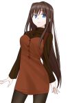  1girl absurdres aozaki_aoko black_legwear blue_eyes brown_hair brown_sweater buttons commentary_request dress eyebrows_visible_through_hair hair_intakes highres long_hair long_sleeves looking_away looking_to_the_side mahou_tsukai_no_yoru pantyhose red_dress sasaki33916 simple_background solo sweater turtleneck turtleneck_sweater white_background 