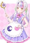  1girl absurdres apron bangs blush brooch commentary_request eyebrows_visible_through_hair frills grin hair_ornament highres holding holding_wand hololive jewelry long_hair looking_at_viewer maid maid_apron maid_headdress multicolored_hair murasaki_shion orange_eyes pink_hair purple_hair silver_hair smile star_(symbol) star_brooch star_hair_ornament thighhighs tomozu twintails virtual_youtuber wand 