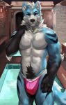  abs anthro biped blue_body blue_fur clothed clothing digital_drawing_(artwork) digital_media_(artwork) fur hi_res jockstrap juiceps male pecs red_eyes solo spa topless tuft underwear 