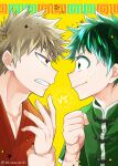  2boys bakugou_katsuki blonde_hair boku_no_hero_academia clenched_hand freckles green_hair highres looking_at_another male_focus midoriya_izuku multiple_boys profile red_eyes scar scar_on_arm scar_on_hand smile spiked_hair star_(symbol) teeth twitter_username ume_(326310) vs yellow_background 