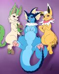  2019 3_fingers 3_toes absurd_res ambiguous_gender black_body black_fur black_nose blue_body blue_fur cute_fangs dorsal_fin eeveelution fangs featureless_crotch feet female feral fin fingers fur green_body green_fur group hair hi_res jewelry jolteon leafeon looking_at_viewer necklace nintendo pawpads paws pink_eyes pok&eacute;mon pok&eacute;mon_(species) purple_eyes red_eyes scarf shikaro simple_background spread_legs spreading sylvia_(jolteon) tan_body tan_fur teeth toes tongue tongue_out vaporeon video_games white_body white_fur white_hair yellow_body yellow_fur 