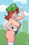  1girl absurdres adjusting_clothes adjusting_headwear areola_slip areolae artist_name ass blue_eyes blush breasts brown_hair collarbone cosplay eyebrows_visible_through_hair gloves green_headwear hat highres large_breasts lips long_hair looking_at_viewer luigi luigi_(cosplay) mario_(series) overalls parted_lips princess_daisy riz sideboob smile solo teeth thighhighs white_gloves white_legwear 