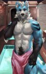  abs anthro biped blue_body blue_fur clothed clothing digital_drawing_(artwork) digital_media_(artwork) fur hi_res juiceps male pecs red_eyes solo spa topless topless_male towel tuft 