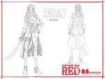  1girl belt breasts character_name character_sheet cleavage concept_art copyright_name gloves happy high_heels jewelry long_hair nico_robin oda_eiichirou official_art one_piece one_piece:_film_red simple_background sketch smile solo source_request standing sword wavy_hair weapon white_background 