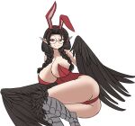  absurdres animal_ears braid breasts brown_hair deculture feet_out_of_frame glasses harpy highres huge_breasts laying_on_side medium_hair monster_girl no_panties non-web_source original playboy_bunny pointy_ears rabbit_ears red_eyes simple_background smug thick_thighs thighs twin_braids wings_for_arms 