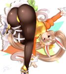  1girl animal_ears ao_(ao_10bx) ass breasts brown_eyes brown_legwear commentary_request fake_animal_ears flower_knight_girl from_behind high_heels highres kinrenka_(flower_knight_girl) light_brown_hair long_hair long_sleeves looking_at_viewer medium_breasts pantyhose playboy_bunny rabbit_ears solo twintails white_background 