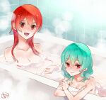  2girls :d aqua_hair bangs bathing bathtub breasts cleavage closed_mouth collarbone hair_between_eyes highres indoors kyoubashi_amane long_hair looking_at_viewer medium_breasts momoyama_hinase morgana_(school_girl_strikers) multiple_girls nude open_mouth red_eyes red_hair school_girl_strikers shiny shiny_hair smile straight_hair 