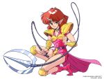  1990s_(style) 1girl armor bangs cham_(valis) copyright fang green_eyes holding holding_whip horns medium_hair mugen_senshi_valis non-web_source official_art pauldrons pink_footwear pointy_ears red_hair retro_artstyle shoulder_armor simple_background single_horn solo squatting white_background 