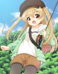  1girl :o bangs black_legwear blonde_hair blue_sky brown_headwear brown_shorts clenched_hand cloud commentary_request day fishing_rod forest green_jacket hair_between_eyes hat highres holding holding_fishing_rod jacket legwear_under_shorts long_hair minagi_koharu nature open_mouth outdoors pila-pela red_eyes shirt shorts sky slow_loop solo standing sunlight white_shirt 