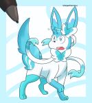  absurd_res avis_(sylveon) black_nose blue_body blue_eyes blue_fur breaking_the_fourth_wall confusion eeveelution fangs feral fur green_body green_fur hi_res male nintendo open_mouth pok&eacute;mon pok&eacute;mon_(species) screamoshaymin simple_background solo surprise sylveon teeth tongue video_games wacom_pen white_body white_fur 