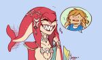  1boy 1girl colored_skin fish_girl grin highres jewelry link lips mipha multicolored_skin nervous no_eyebrows red_skin sharp_teeth simple_background smile tail tail_wagging teeth the_legend_of_zelda the_legend_of_zelda:_breath_of_the_wild yuuzeart zora 