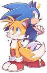  2boys animal_nose arms_behind_back blue_eyes blush closed_mouth fox_boy furry furry_male gloves green_eyes heart highres looking_back male_focus misuta710 multiple_boys multiple_tails smile sonic_(series) sonic_the_hedgehog standing tail tails_(sonic) two_tails white_gloves 