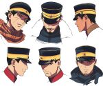  6+boys beard black_eyes black_hair blue_headwear buzz_cut facial_hair facial_mark golden_kamuy hat imperial_japanese_army imperial_japanese_navy kepi koito_otonoshin looking_at_viewer male_focus military military_hat military_uniform multiple_boys mustache ogata_hyakunosuke open_mouth outline scar scar_on_cheek scar_on_face scar_on_nose scarf short_hair sss sugimoto_saichi tr_(lauralauraluara) tsukishima_hajime tsurumi_tokushirou uniform usami_tokishige very_short_hair yellow_eyes 