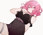  1girl absurdres bangs black_dress breasts dress hair_between_eyes highres long_sleeves looking_at_viewer niconico nqrse nyannyan_321 open_mouth pink_eyes pink_hair short_hair utaite_(singer) white_background 